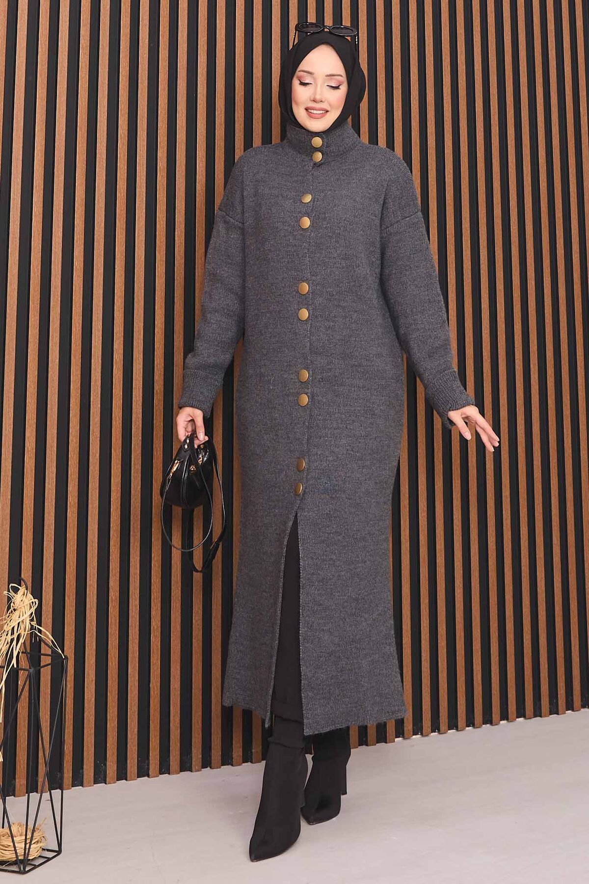 Full-Length Gold Buttoned Modest Knit Cardigan Anthracite - Image 5
