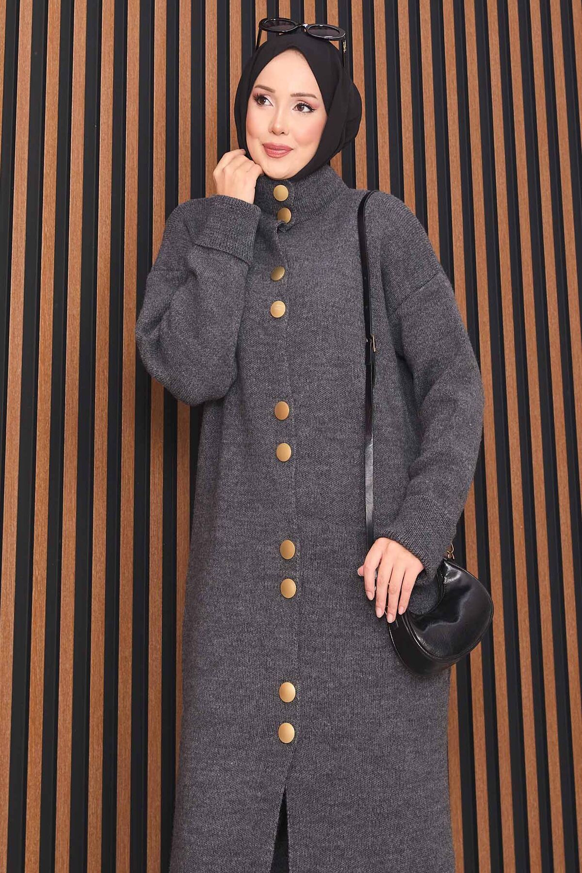 Full-Length Gold Buttoned Modest Knit Cardigan Anthracite - Image 6