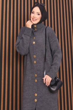 Alternative view of Full-Length Gold Buttoned Modest Knit Cardigan Anthracite