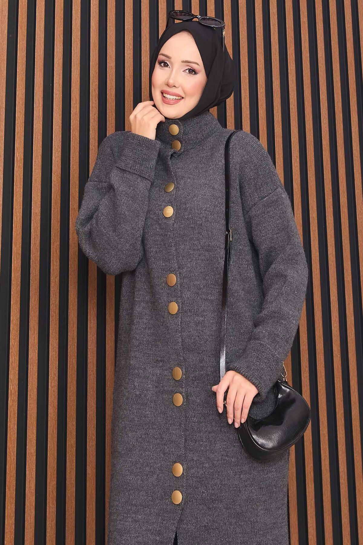 Full-Length Gold Buttoned Modest Knit Cardigan Anthracite - Image 2