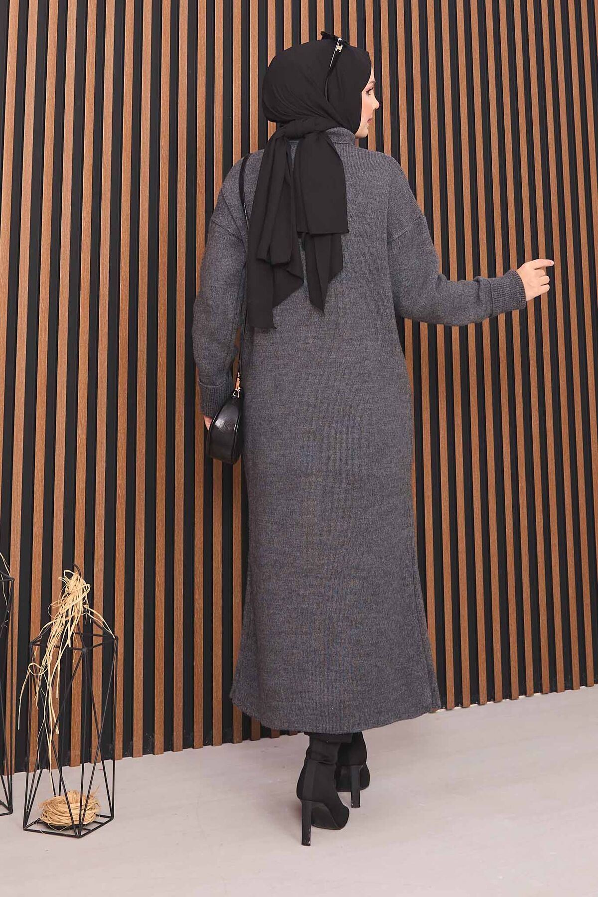 Full-Length Gold Buttoned Modest Knit Cardigan Anthracite - Image 7