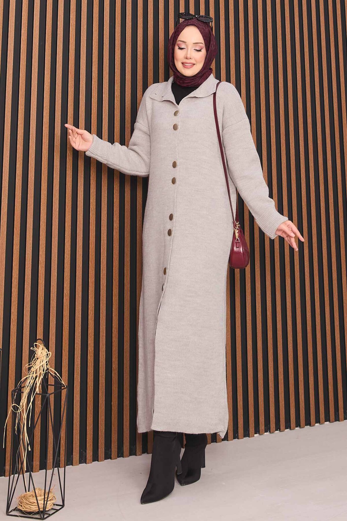 Full-Length Gold Buttoned Modest Knit Cardigan Stone - Image 3