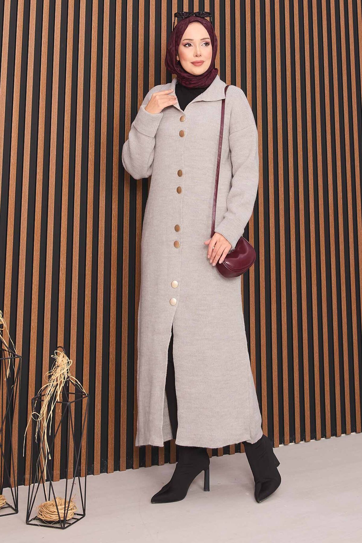 Full-Length Gold Buttoned Modest Knit Cardigan Stone - Image 4