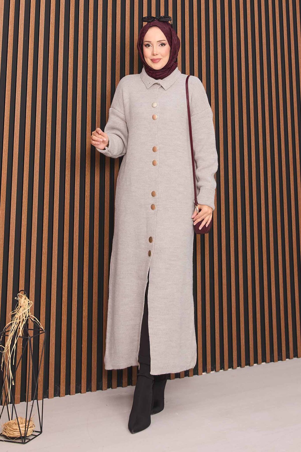 Full-Length Gold Buttoned Modest Knit Cardigan Stone