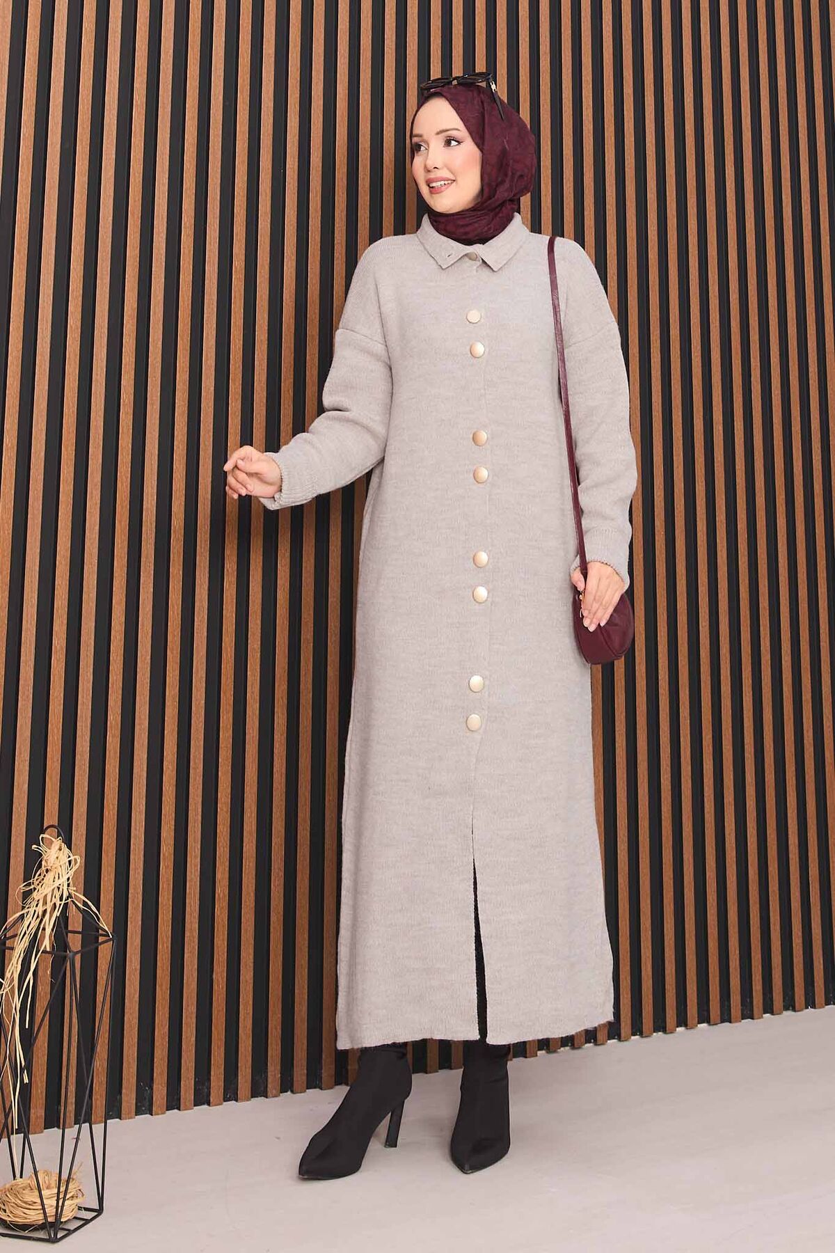 Full-Length Gold Buttoned Modest Knit Cardigan Stone - Image 5