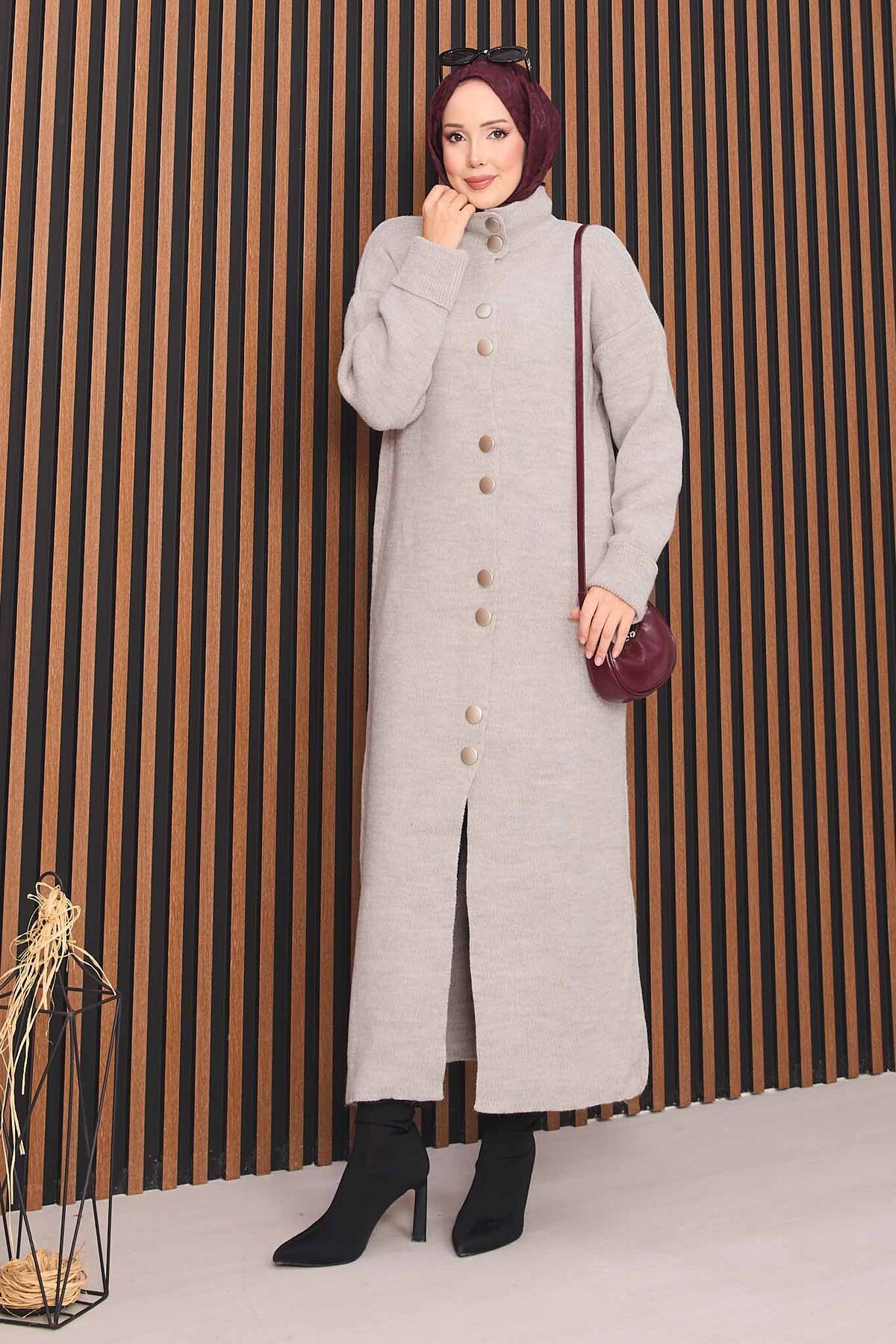 Full-Length Gold Buttoned Modest Knit Cardigan Stone - Image 6