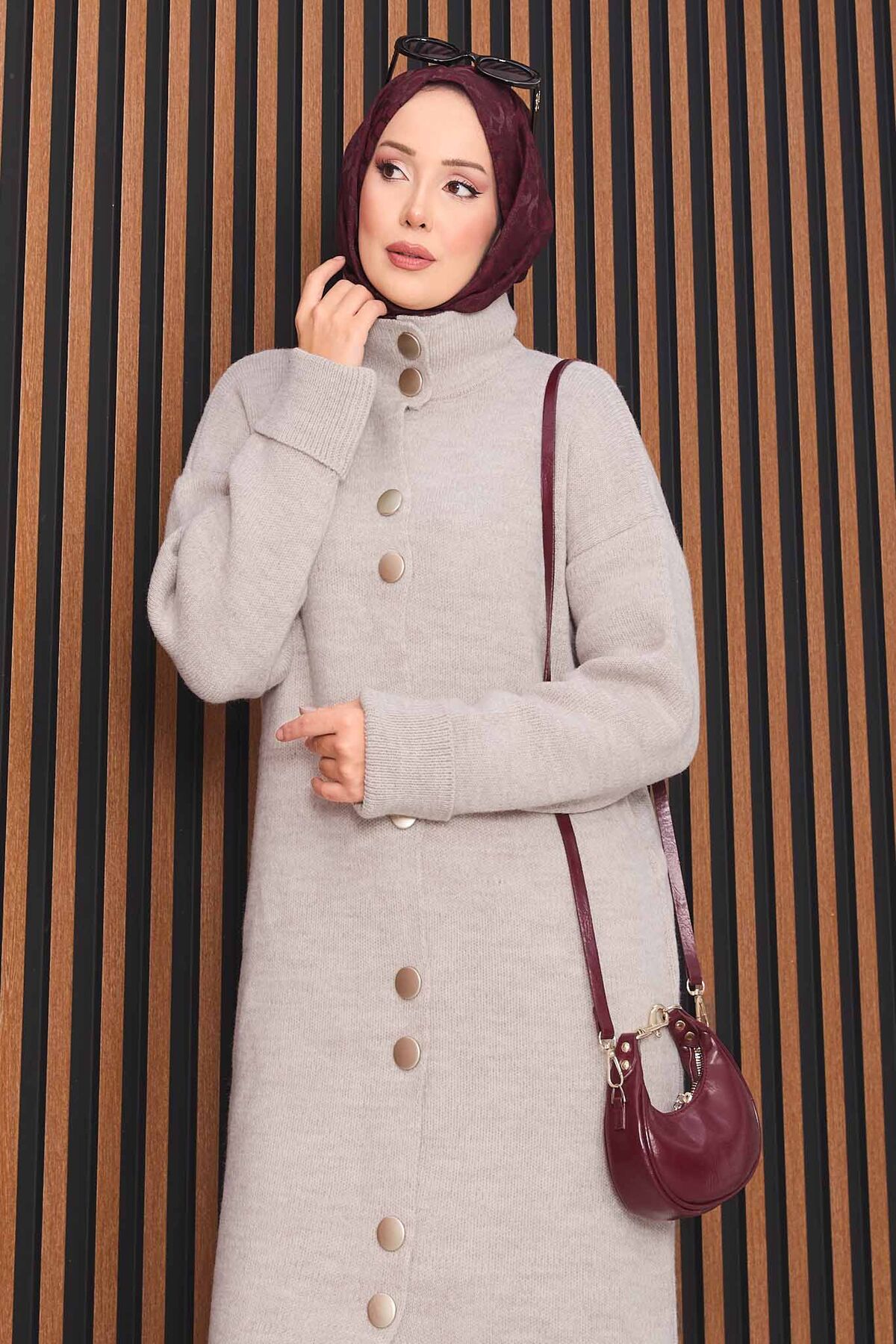 Full-Length Gold Buttoned Modest Knit Cardigan Stone - Image 2