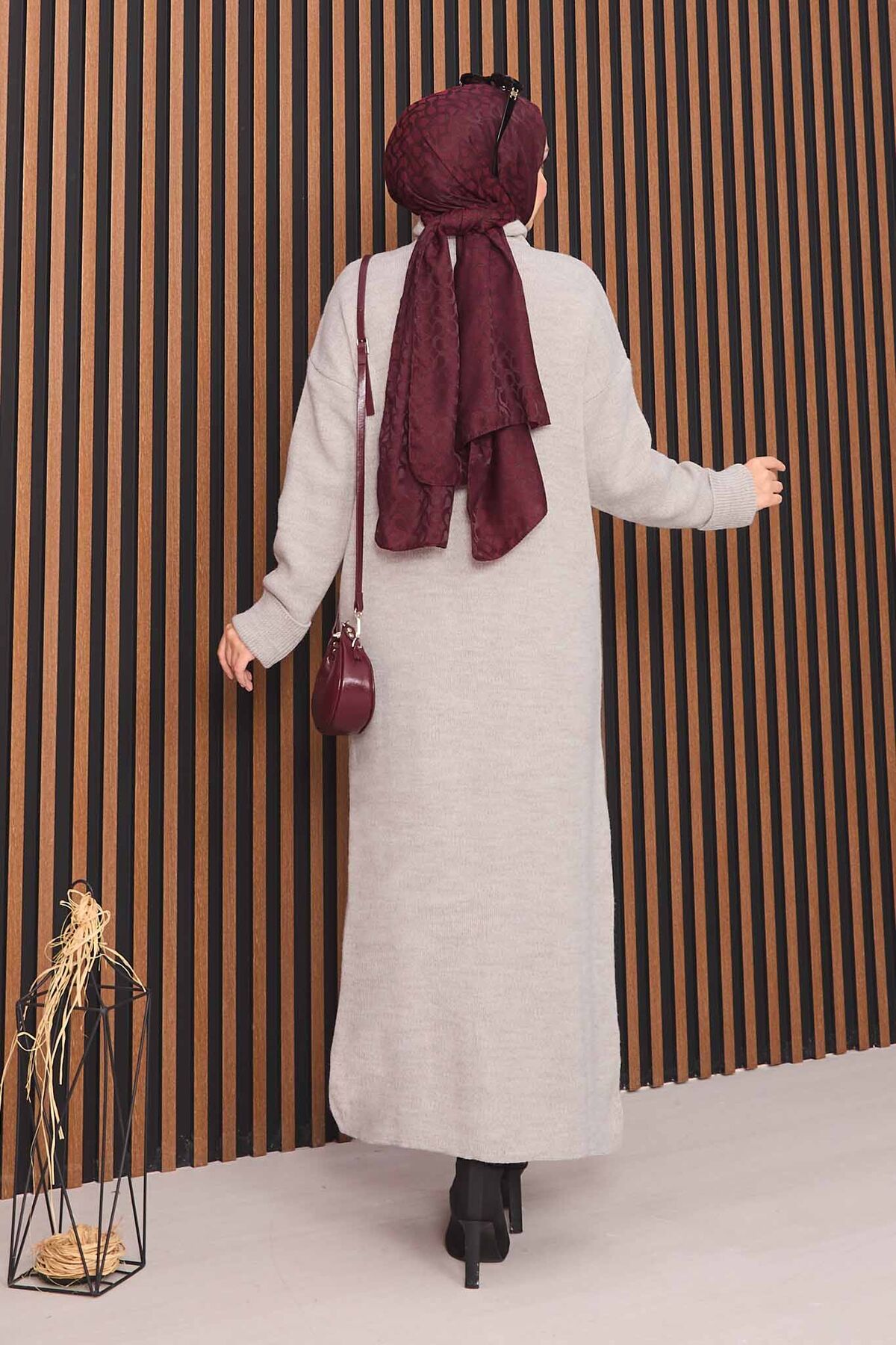 Full-Length Gold Buttoned Modest Knit Cardigan Stone - Image 7