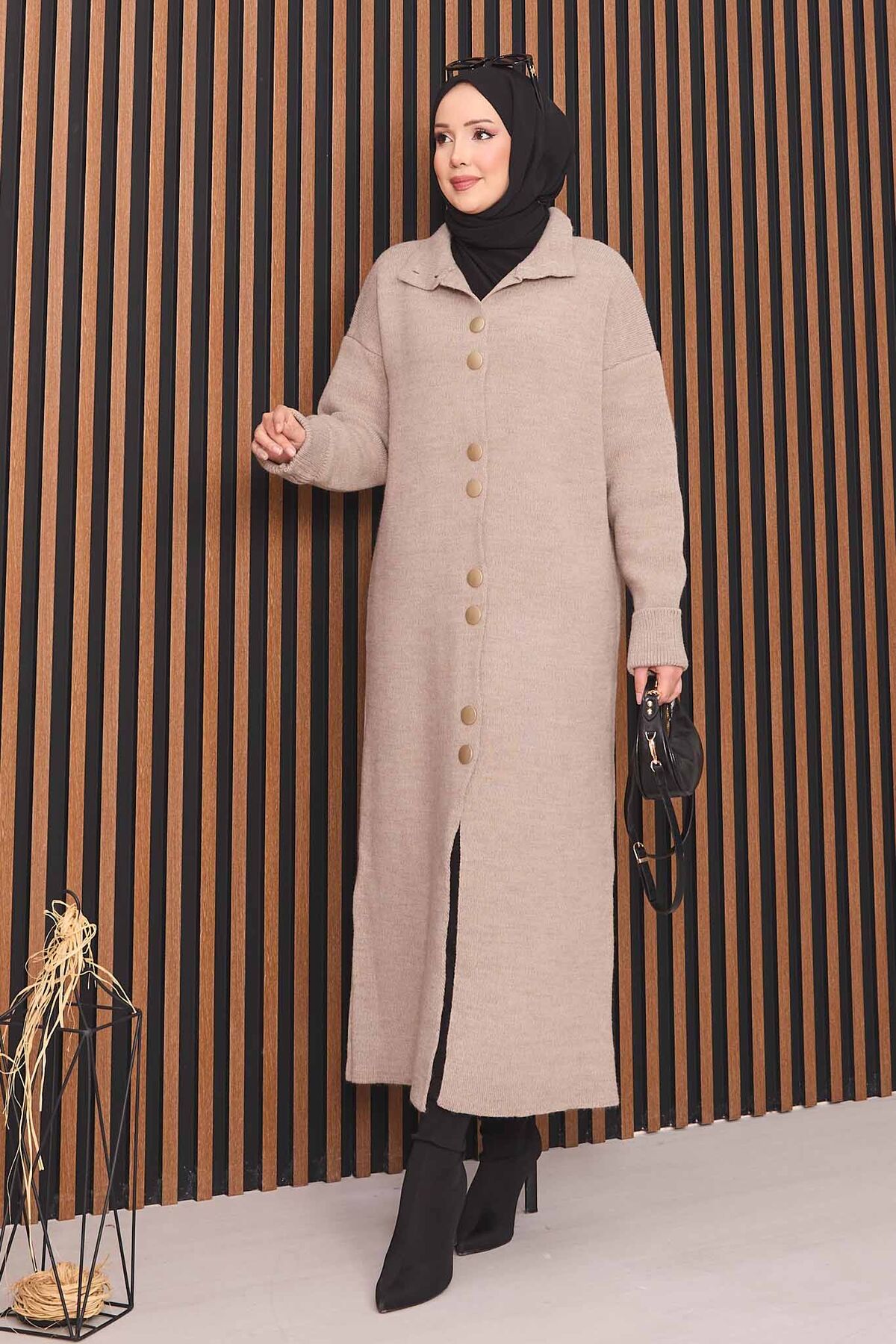 Full-Length Gold Buttoned Modest Knit Cardigan Mink