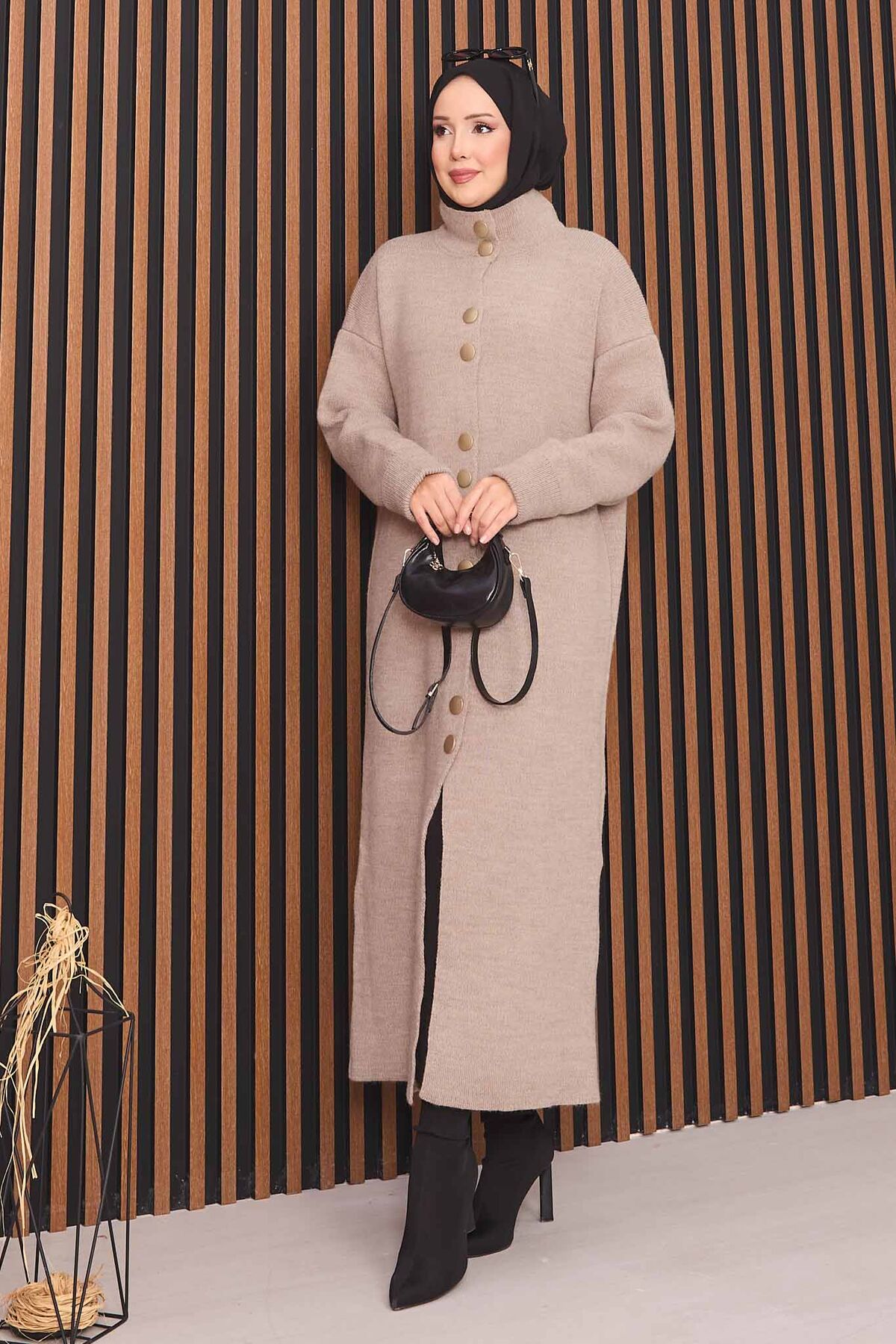 Full-Length Gold Buttoned Modest Knit Cardigan Mink - immagine 4