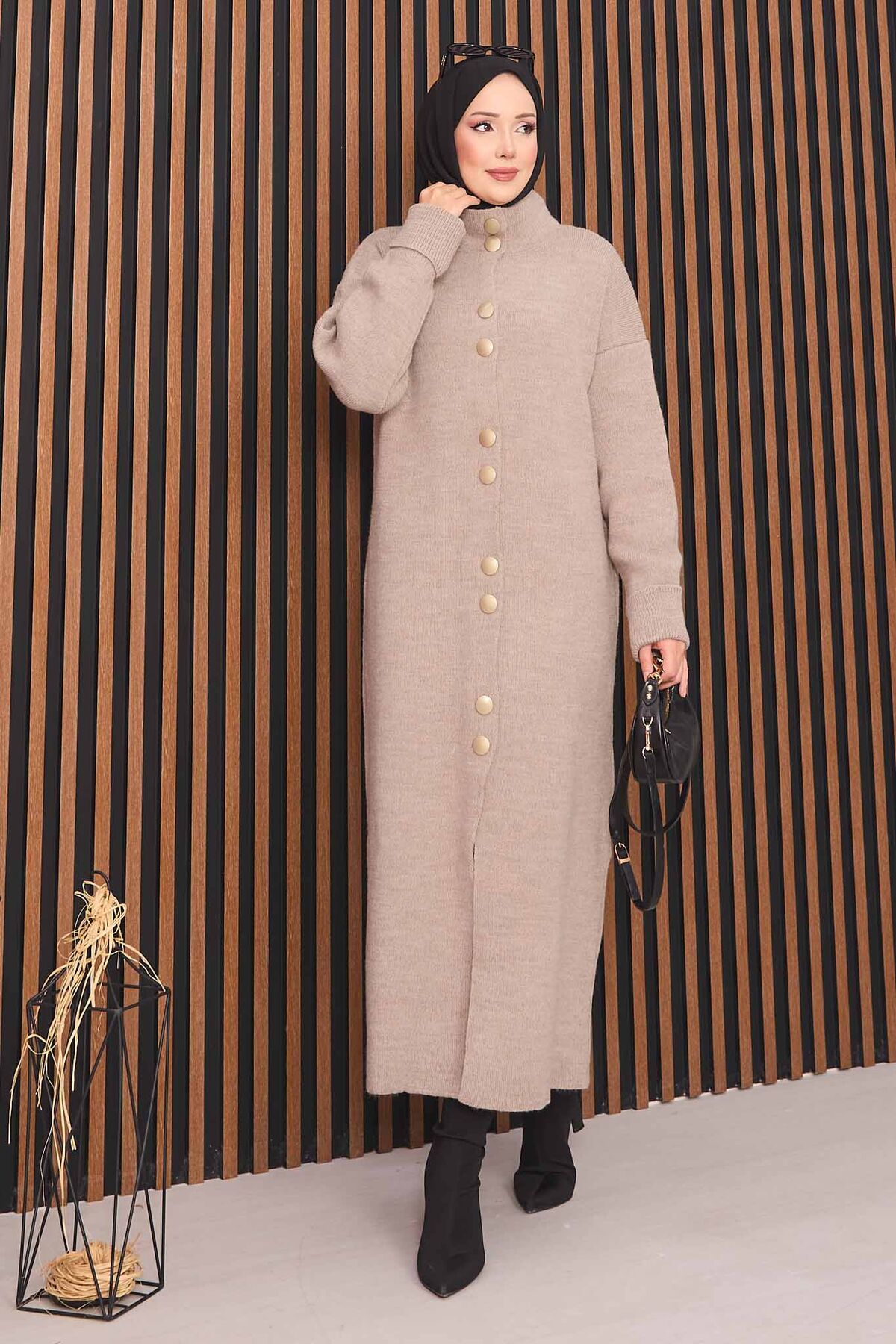Full-Length Gold Buttoned Modest Knit Cardigan Mink - immagine 5