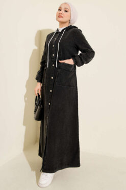 Hooded Denim Dress with Metal Buttons Anthracite