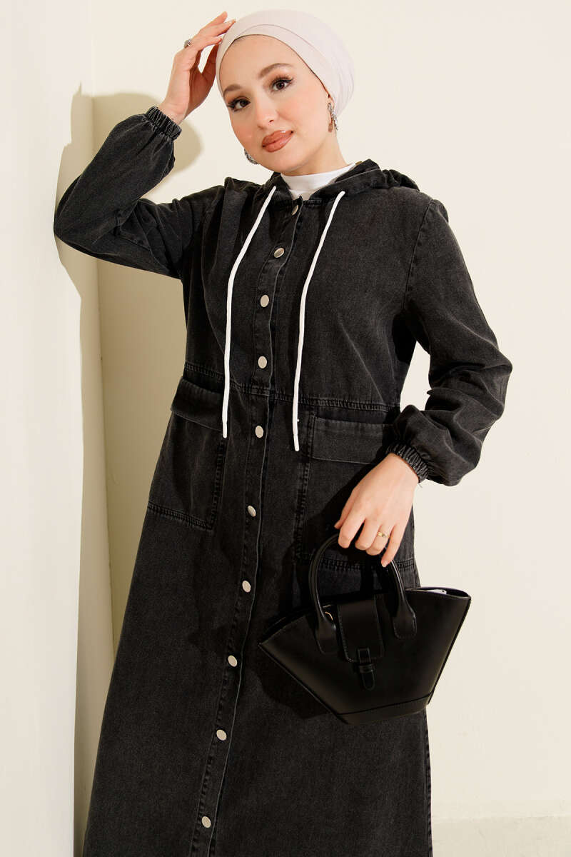 Hooded Denim Dress with Metal Buttons Anthracite - الصورة 2