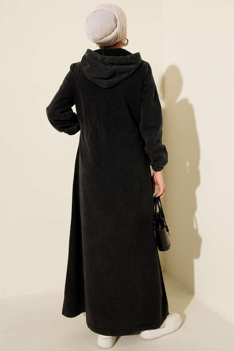 Hooded Denim Dress with Metal Buttons Anthracite - الصورة 3