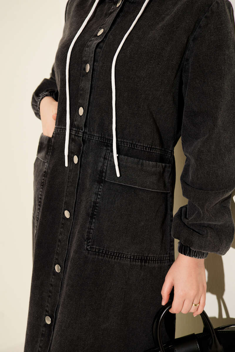 Hooded Denim Dress with Metal Buttons Anthracite - الصورة 4