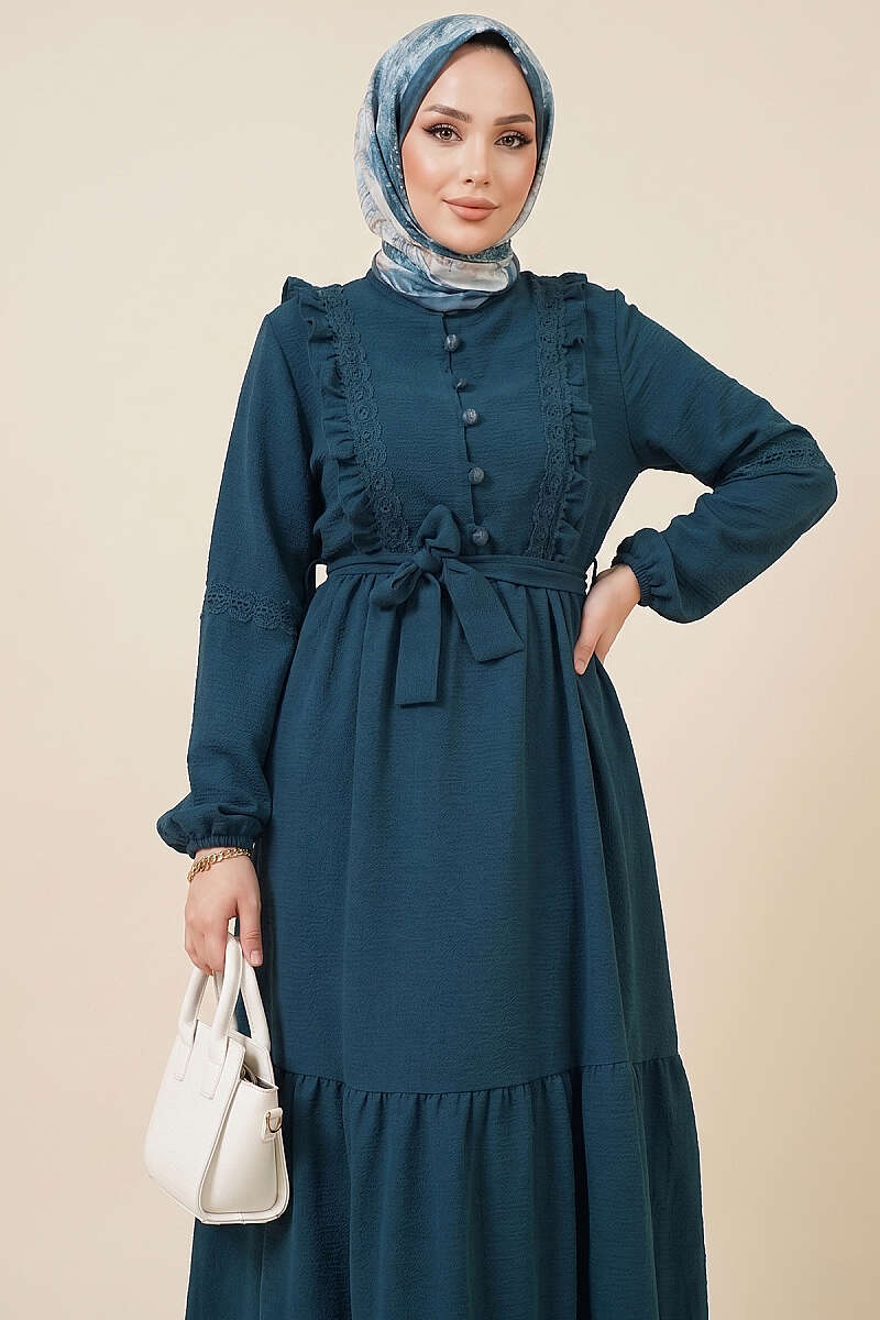 Brit Buttoned Lace Detailed Dress Petrol – Image 2
