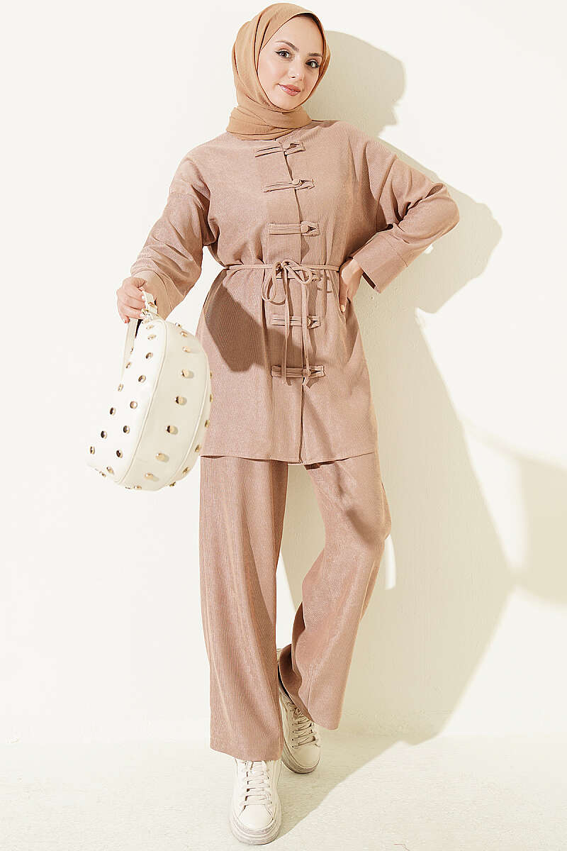Brit Buttoned French Terry Two-Piece Set Beige