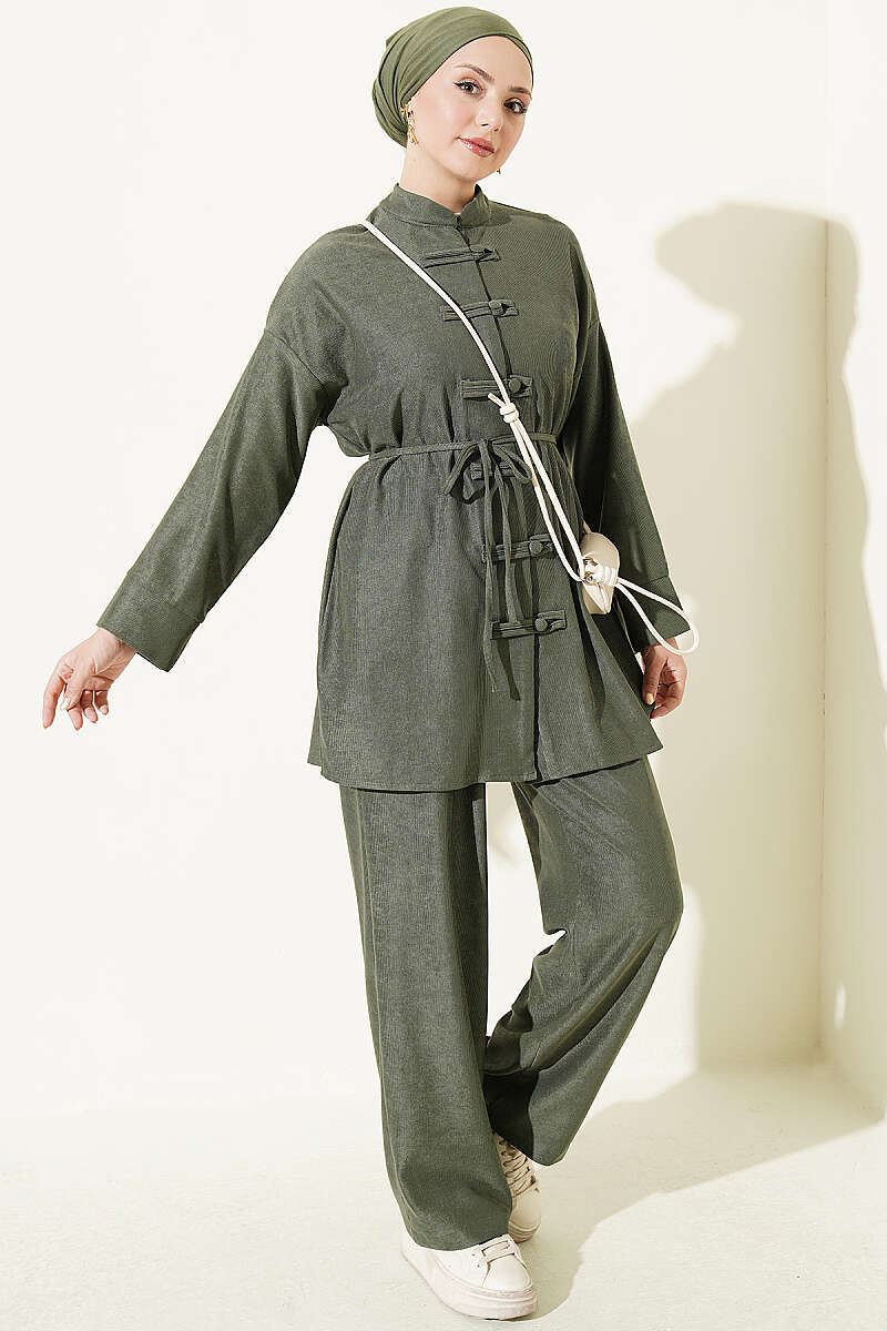 Brit Buttoned French Terry Two-Piece Set Khaki