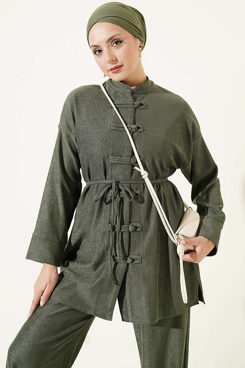 Brit Buttoned French Terry Two-Piece Set Khaki - Image 2