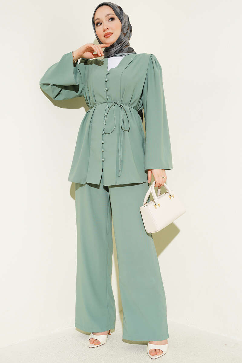 Buttoned Tie Belt Tunic Set Persian Rose
