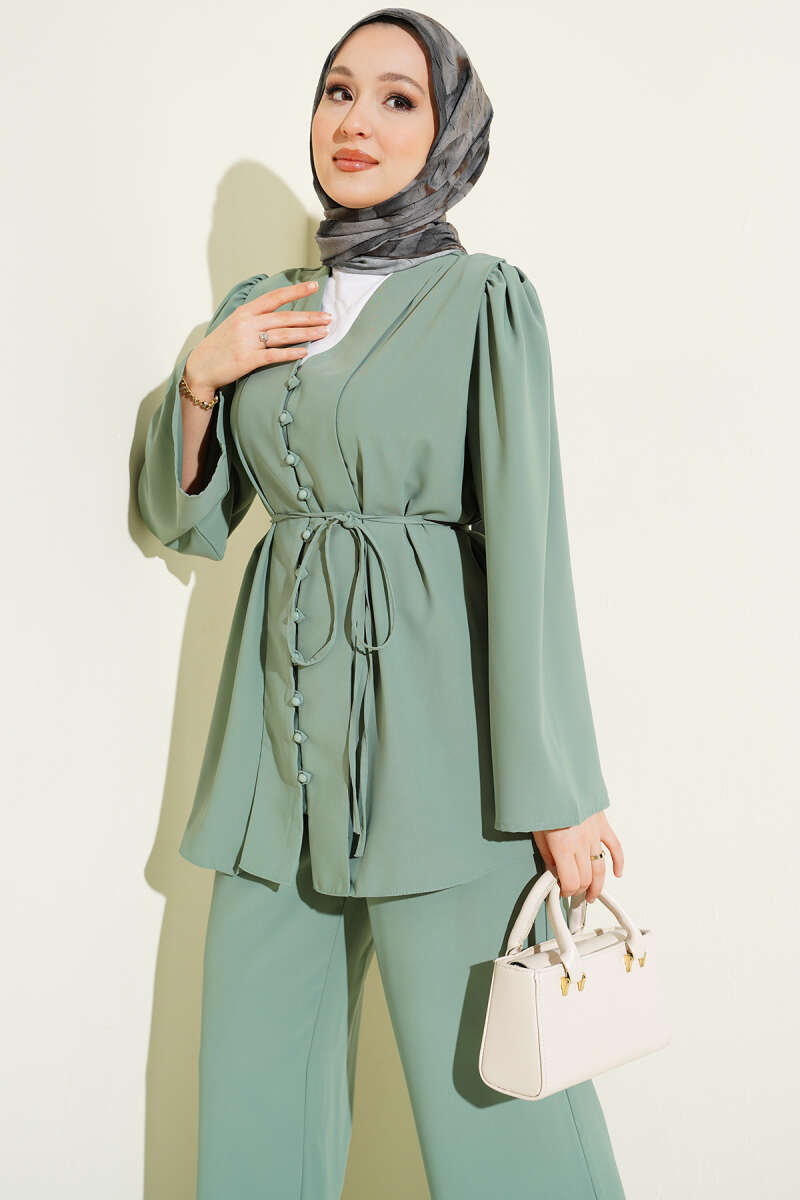 Buttoned Tie Belt Tunic Set Persian Rose - immagine 2