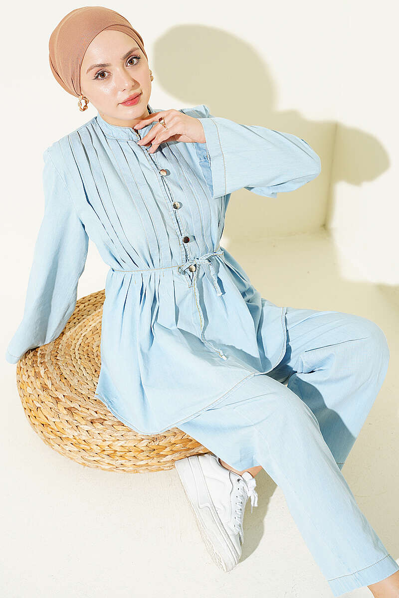 Buttoned Ribbed Denim Two-Piece Set Ice Blue