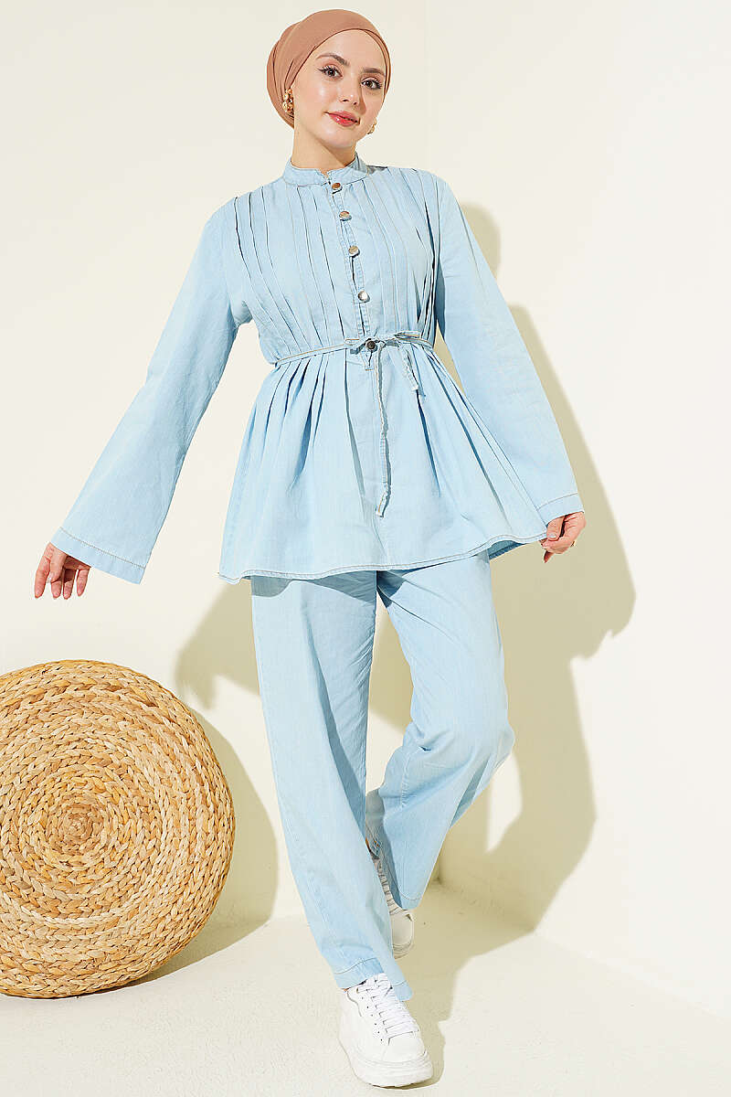 Buttoned Ribbed Denim Two-Piece Set Ice Blue - Image 2