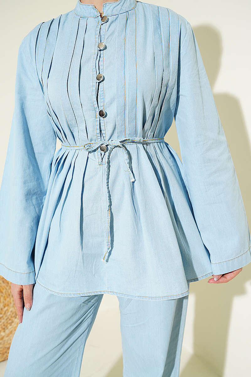 Buttoned Ribbed Denim Two-Piece Set Ice Blue - Image 4
