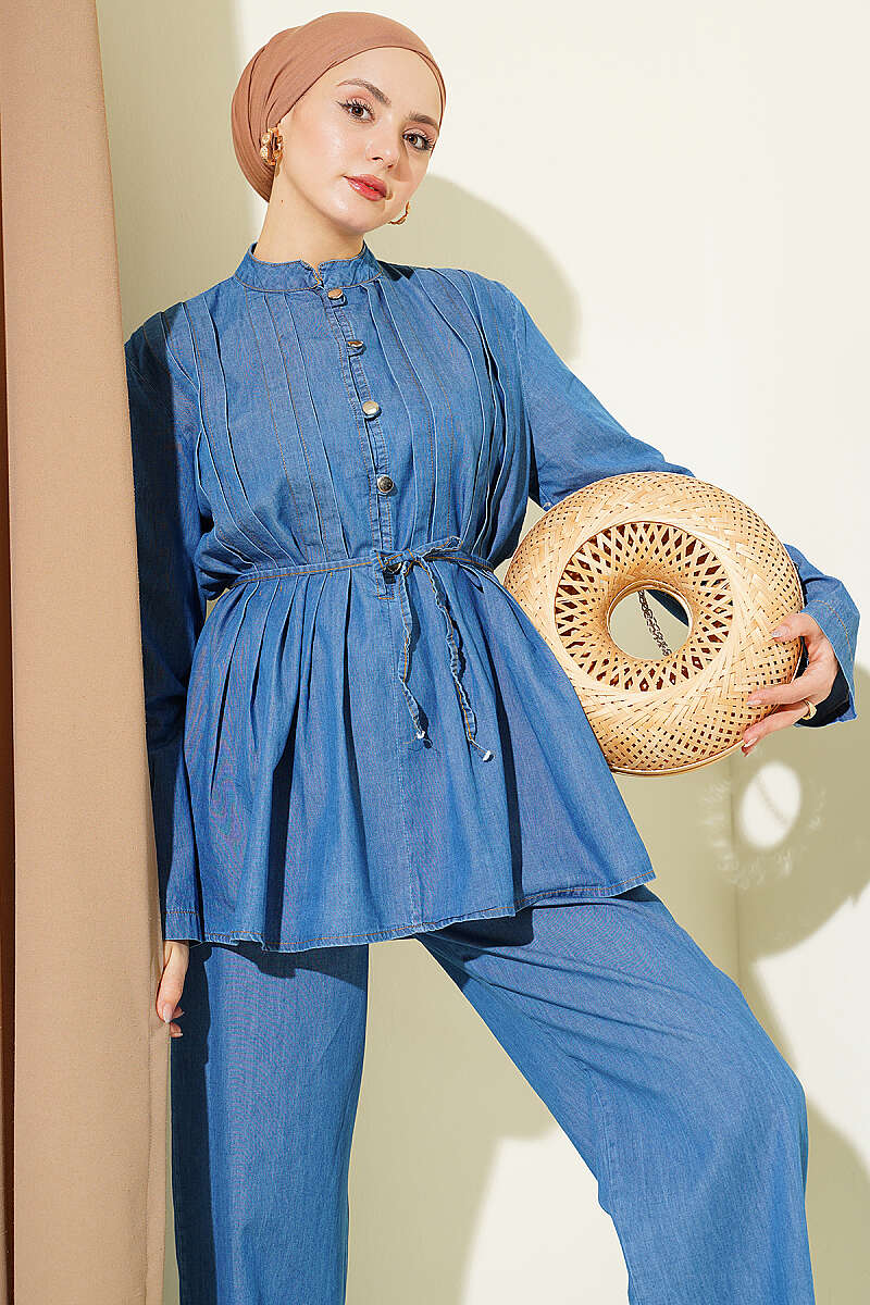 Buttoned Ribbed Denim Two-Piece Set Denim Blue - Imagen 2