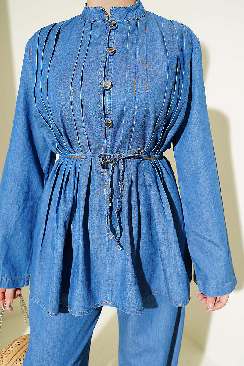 Buttoned Ribbed Denim Two-Piece Set Denim Blue - Imagen 4