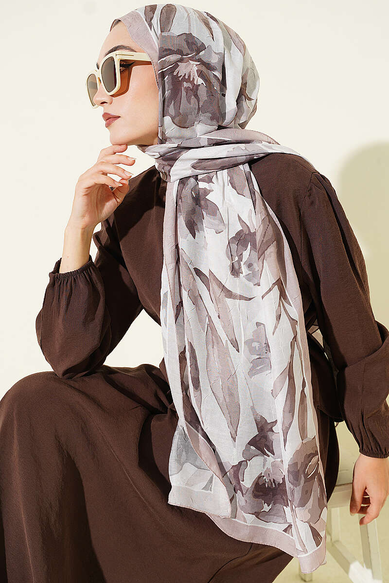 Large Flower Pattern Bamboo Crinkle Shawl Sand Beige - Image 2