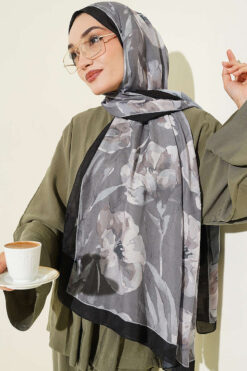 Alternative view of Large Flower Pattern Bamboo Crinkle Shawl Black