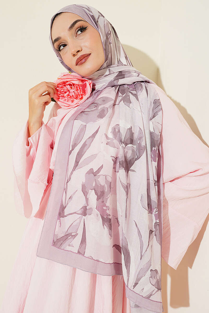 Large Flower Pattern Bamboo Crinkle Shawl Beige - Image 2