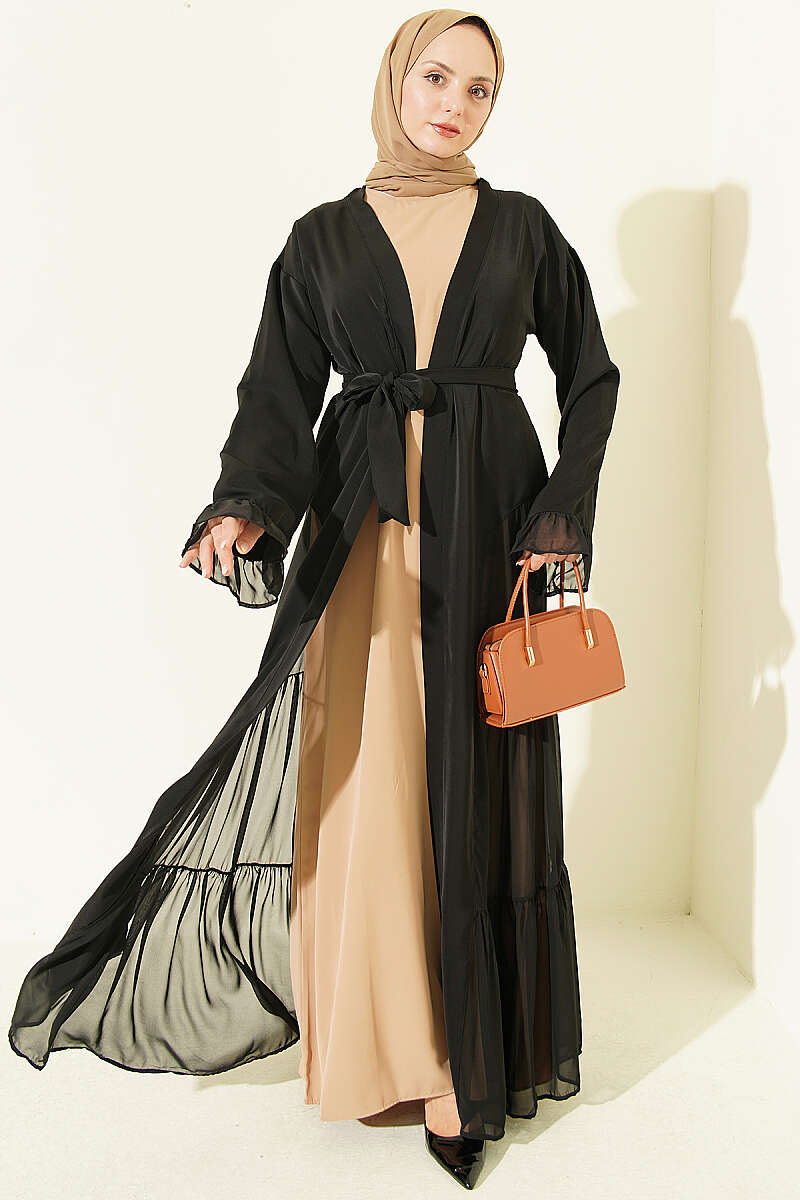 Gathered Detail-Accented Layered Abaya Set Beige