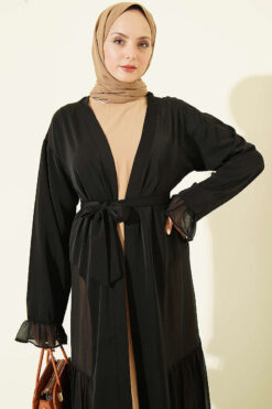 Alternative view of Gathered Detail-Accented Layered Abaya Set Beige