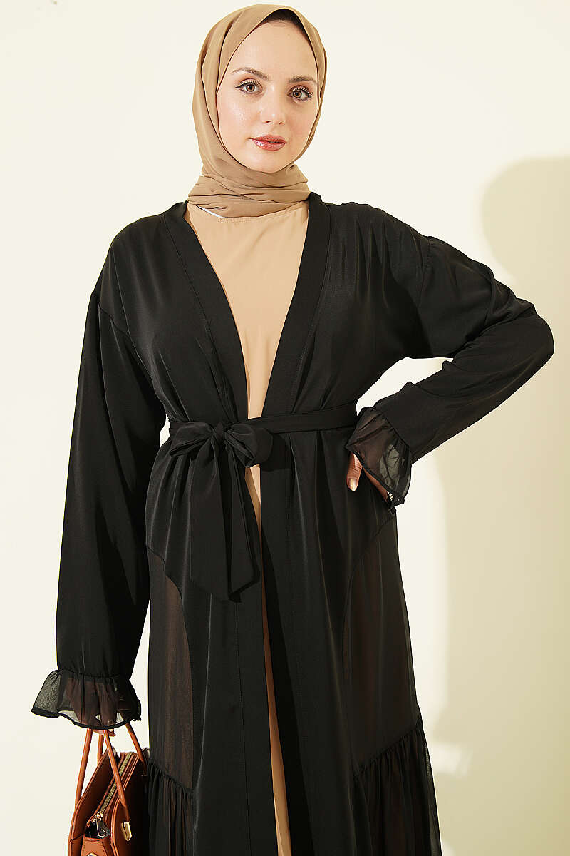 Gathered Detail-Accented Layered Abaya Set Beige - Image 2