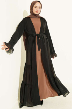 Gathered Detail-Accented Layered Abaya Set Latte