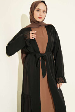 Alternative view of Gathered Detail-Accented Layered Abaya Set Latte