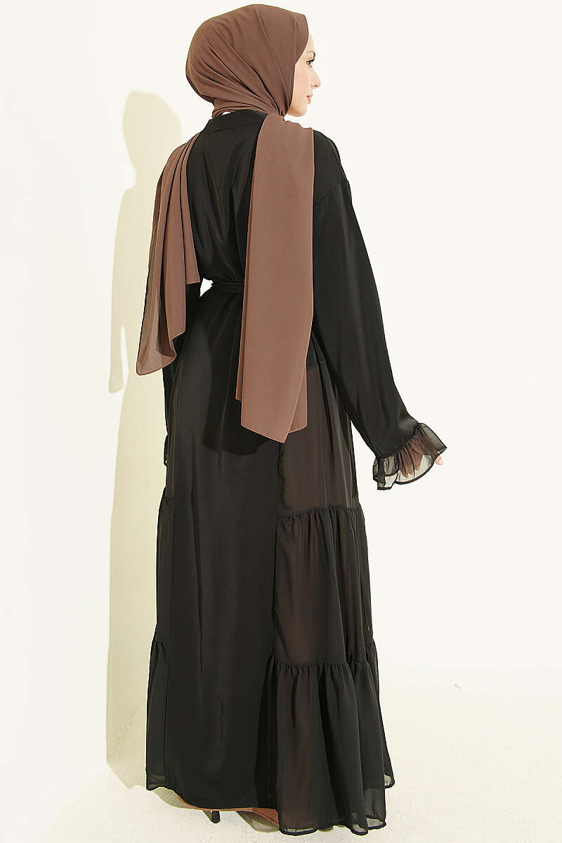 Gathered Detail-Accented Layered Abaya Set Latte - الصورة 3