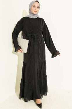 Gathered Detail-Accented Layered Abaya Set Black