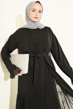 Alternative view of Gathered Detail-Accented Layered Abaya Set Black