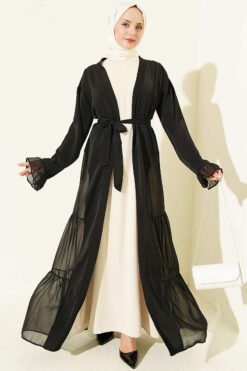 Gathered Detail-Accented Layered Abaya Set Stone