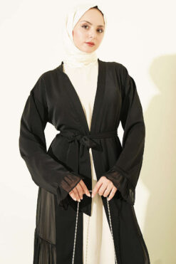Alternative view of Gathered Detail-Accented Layered Abaya Set Stone