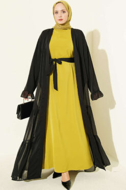 Gathered Detail-Accented Layered Abaya Set Oil Green