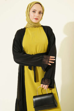 Alternative view of Gathered Detail-Accented Layered Abaya Set Oil Green