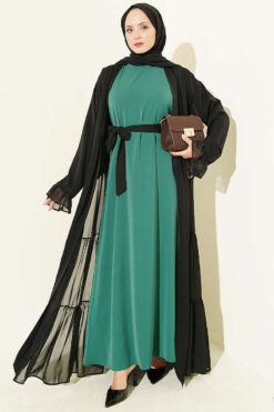 Gathered Detail-Accented Layered Abaya Set Emerald