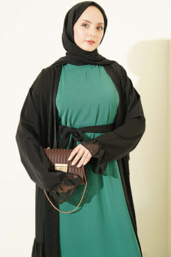 Alternative view of Gathered Detail-Accented Layered Abaya Set Emerald