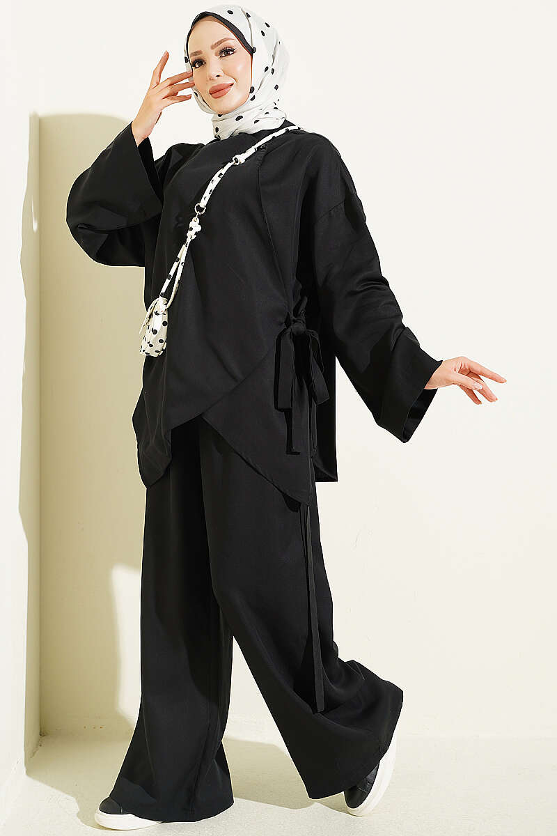 Crossed Tie-Front Two-Piece Set Black