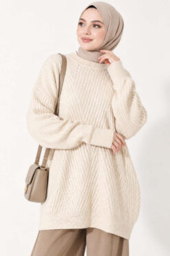 Cross-Fit Patterned Long Knit Tunic Beige