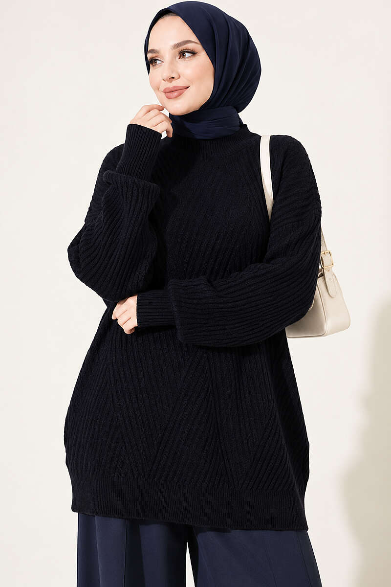 Cross-Fit Patterned Long Knit Tunic Dark Navy